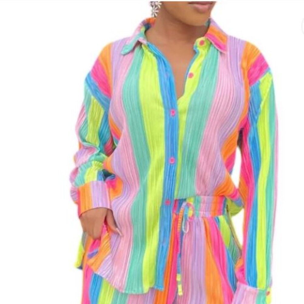 Colorful Striped Women's Shirt and Shorts Set